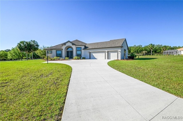 single story home with a front lawn and a garage