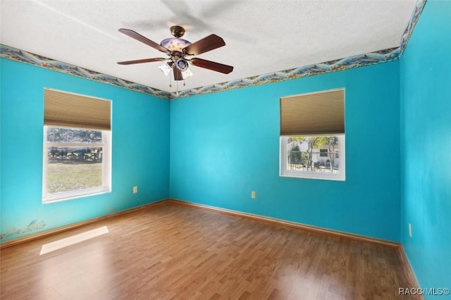 empty room with a textured ceiling, plenty of natural light, wood finished floors, and baseboards