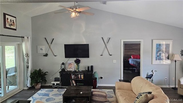 4889 N Peppermint Dr, Beverly Hills, FL 34465 - living room featuring dark wood-type flooring, a ceiling fan, high vaulted ceiling, and baseboards