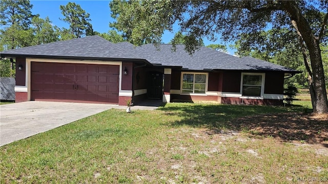 4889 N Peppermint Dr, Beverly Hills, FL 34465 - ranch-style house featuring an attached garage, driveway, a front yard, and roof with shingles