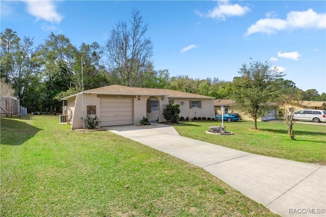 ranch-style house with a garage, central AC unit, concrete driveway, stucco siding, and a front yard