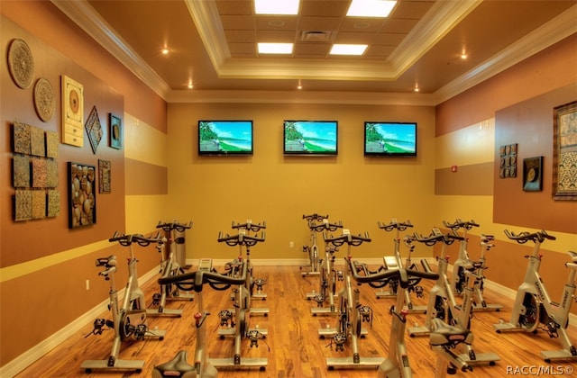 gym with a raised ceiling, crown molding, and hardwood / wood-style flooring