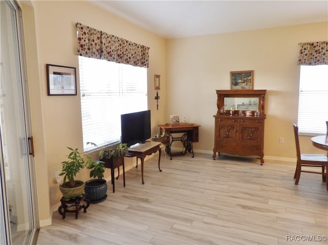 living area with light hardwood / wood-style flooring