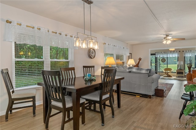 dining space featuring ceiling fan, light hardwood / wood-style floors, and a wealth of natural light