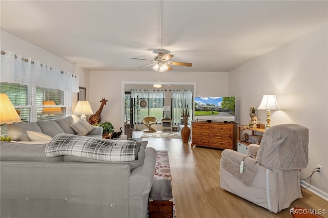 living room with hardwood / wood-style floors and ceiling fan