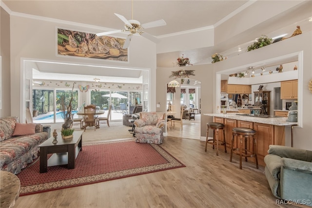 living room featuring ceiling fan, ornamental molding, and light hardwood / wood-style flooring