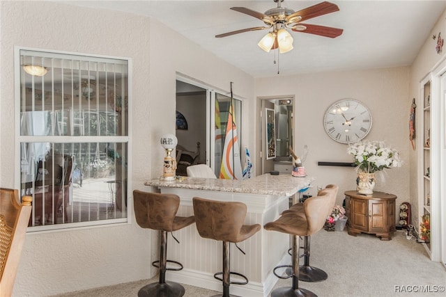 interior space with carpet flooring and ceiling fan