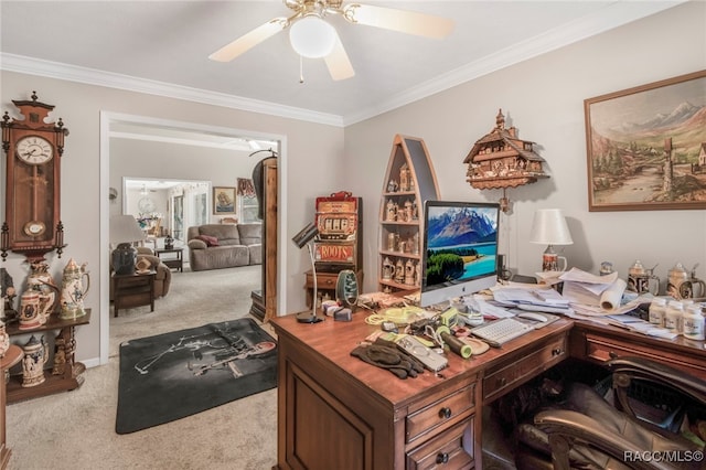 carpeted office space with ceiling fan and crown molding