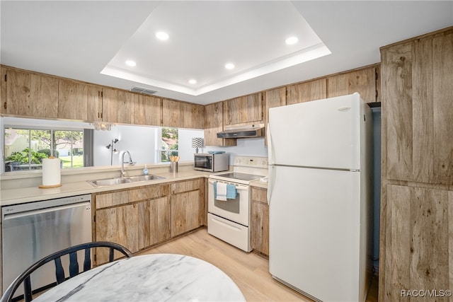 kitchen with appliances with stainless steel finishes, light wood-type flooring, a tray ceiling, and sink