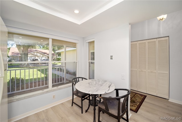 dining space featuring a tray ceiling and light wood-type flooring