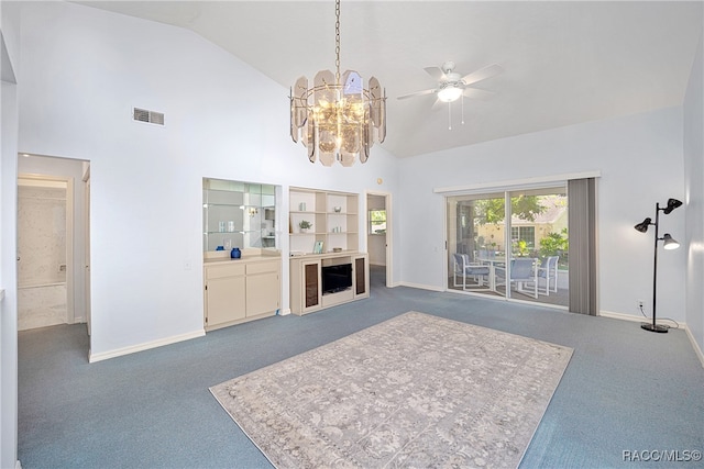 living room featuring ceiling fan with notable chandelier, high vaulted ceiling, and dark carpet