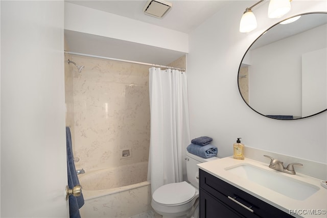 full bathroom with vanity, shower / bathtub combination with curtain, and toilet