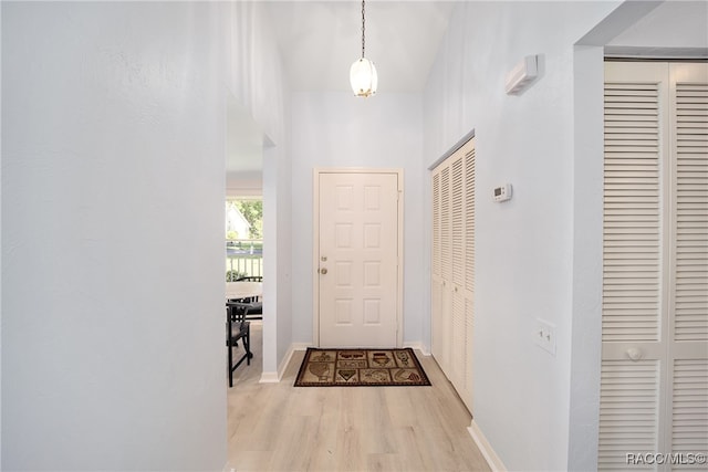 doorway featuring light hardwood / wood-style floors and a towering ceiling