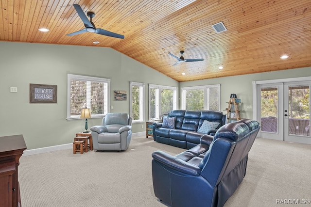 carpeted living room with french doors, lofted ceiling, ceiling fan, and wooden ceiling