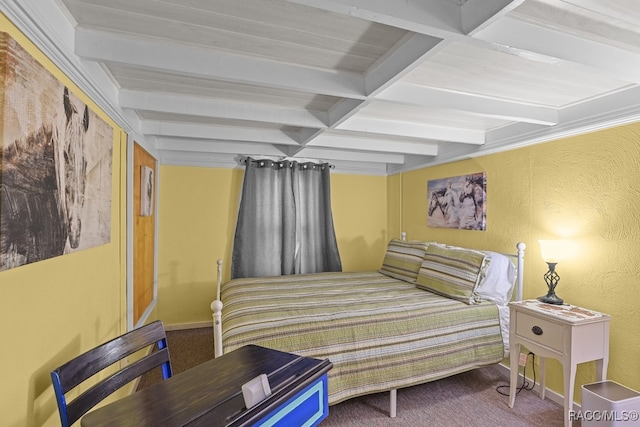 bedroom featuring beamed ceiling, carpet, and coffered ceiling