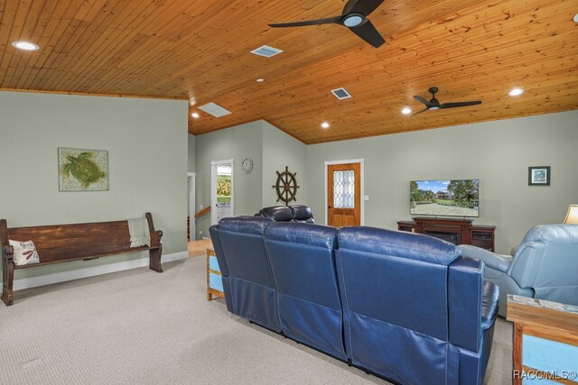 living room featuring carpet floors, lofted ceiling, and wood ceiling