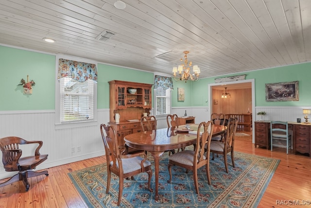 dining space with ornamental molding, wood ceiling, light hardwood / wood-style flooring, and a chandelier