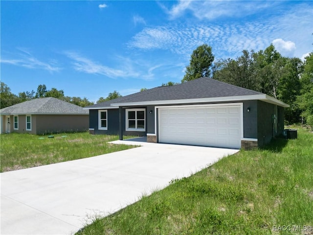 22777 SW Beach Blvd, Dunnellon, FL 34431 - ranch-style home featuring cooling unit, a garage, driveway, a front lawn, and stucco siding