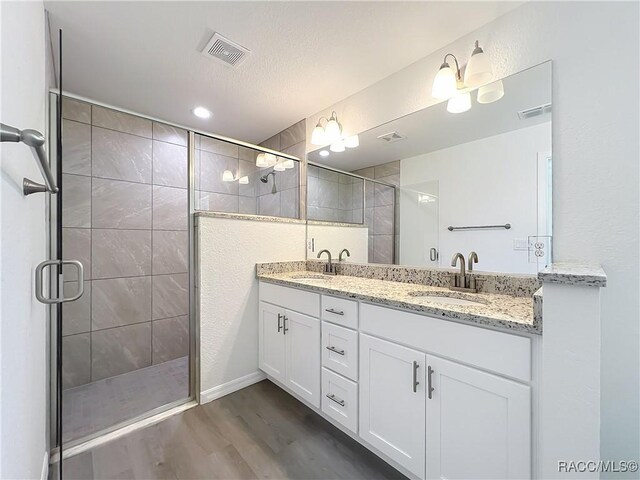 22777 SW Beach Blvd, Dunnellon, FL 34431 - bathroom with wood finished floors, double vanity, and a shower stall