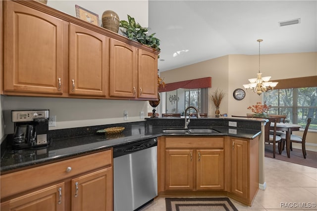 kitchen featuring dishwasher, lofted ceiling, sink, dark stone countertops, and kitchen peninsula