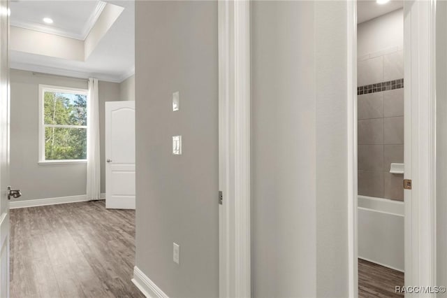 hallway featuring dark hardwood / wood-style flooring and ornamental molding