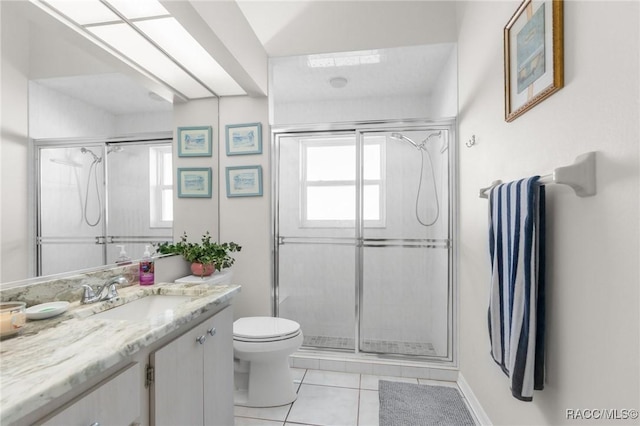 bathroom featuring tile patterned flooring, vanity, a shower with door, and toilet