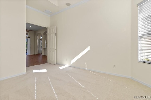 unfurnished room with carpet floors and ornamental molding