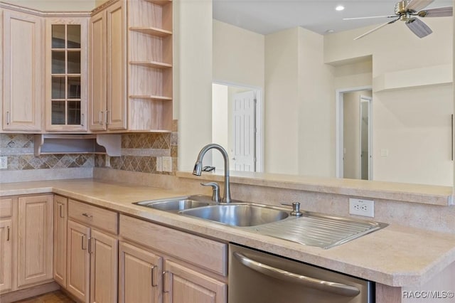 kitchen featuring decorative backsplash, light brown cabinetry, kitchen peninsula, ceiling fan, and dishwasher