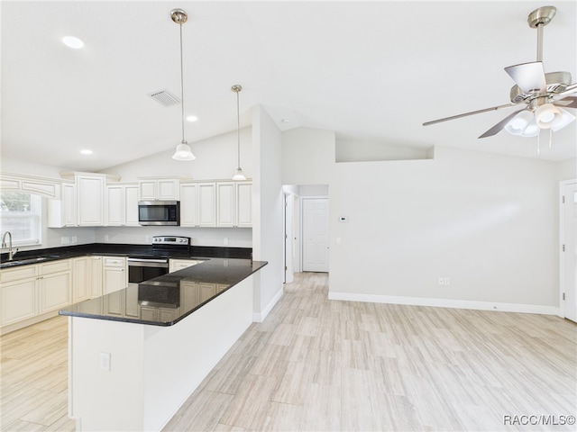 1899 W Oliver Dr, Citrus Springs, FL 34434 - kitchen with appliances with stainless steel finishes, vaulted ceiling, light wood finished floors, a ceiling fan, and hanging light fixtures