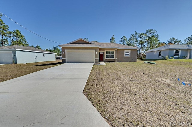 single story home featuring a front yard and a garage