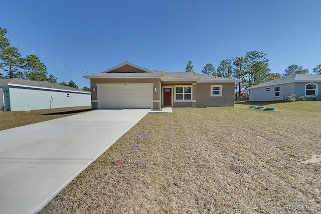 ranch-style home featuring a front yard and a garage