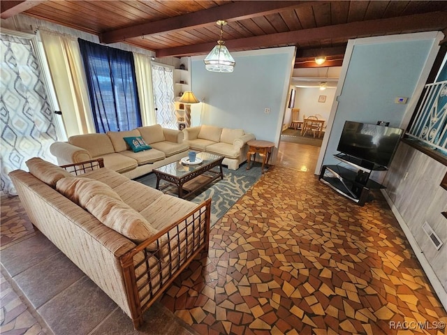 living room featuring beam ceiling and wooden ceiling