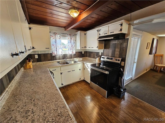 kitchen with white cabinetry, dark hardwood / wood-style flooring, beamed ceiling, stainless steel electric range, and wood ceiling