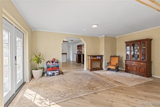 living area featuring crown molding and light wood-type flooring