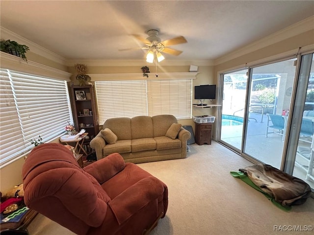 carpeted living room featuring crown molding and ceiling fan