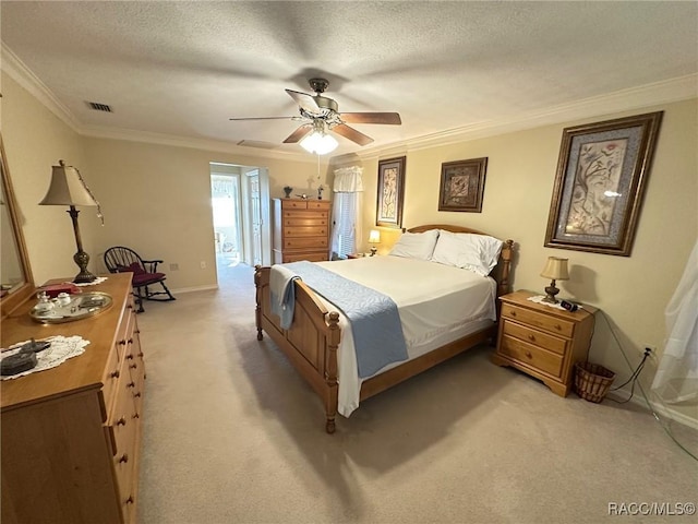 bedroom featuring a textured ceiling, ceiling fan, light carpet, access to exterior, and ornamental molding