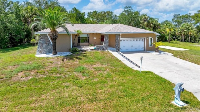 10741 W Pine Bark Ln, Crystal River, FL 34429 - single story home with an attached garage, concrete driveway, a front lawn, stucco siding, and view of scattered trees