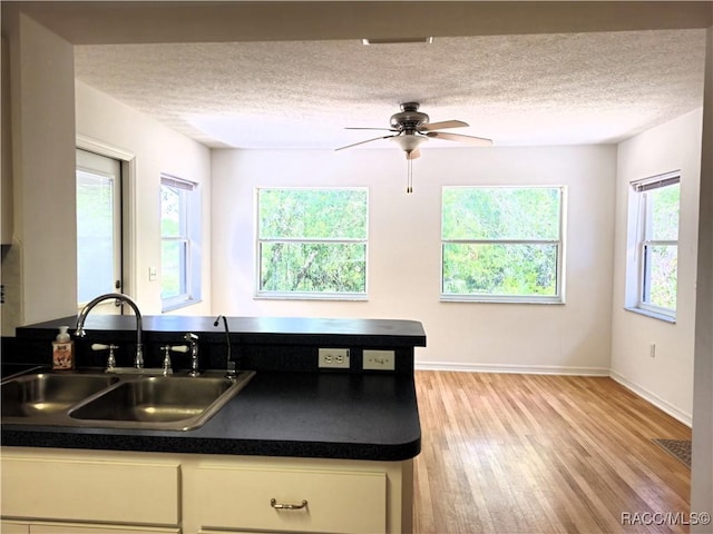 kitchen featuring ceiling fan, dark countertops, a sink, light wood finished floors, and a textured ceiling