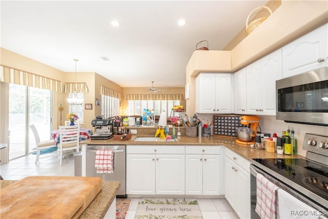 kitchen featuring plenty of natural light, a sink, a peninsula, and stainless steel appliances