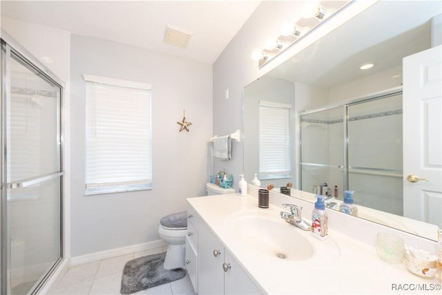 full bathroom with toilet, tile patterned floors, baseboards, a shower stall, and visible vents