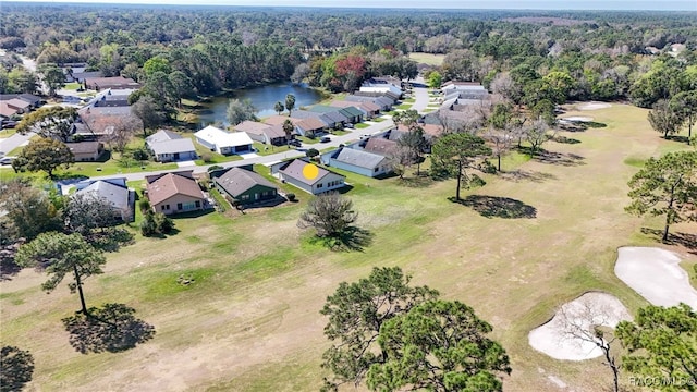 bird's eye view featuring a residential view, a water view, and a forest view