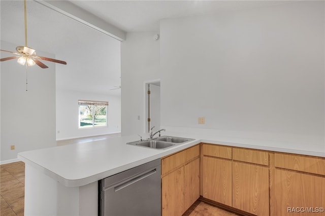 kitchen with dishwasher, a peninsula, a sink, and light countertops