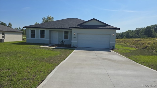 7858 N Merrimac Way, Citrus Springs, FL 34434 - ranch-style house with stucco siding, a garage, driveway, and a front yard