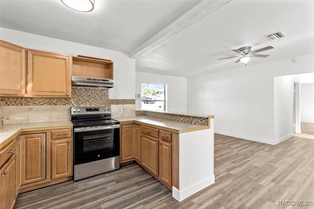 kitchen featuring ventilation hood, backsplash, kitchen peninsula, wood-type flooring, and stainless steel range with electric stovetop