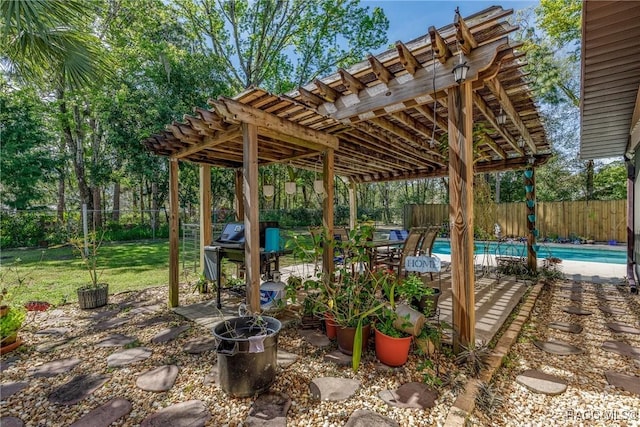 view of patio featuring a fenced backyard, a fenced in pool, a grill, and a pergola