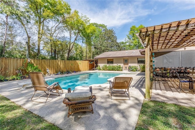 view of pool featuring a fenced in pool, a fenced backyard, a patio, and a pergola