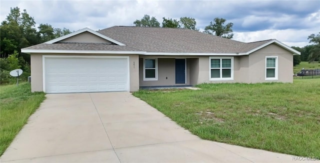 6431 SW 145th Ln, Ocala, FL 34473 - ranch-style house with stucco siding, concrete driveway, an attached garage, a shingled roof, and a front lawn