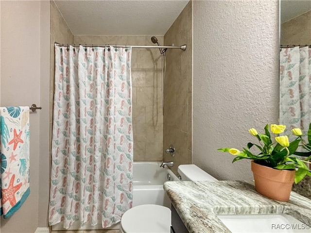 6431 SW 145th Ln, Ocala, FL 34473 - bathroom featuring a textured wall, vanity, shower / bathtub combination with curtain, and a textured ceiling