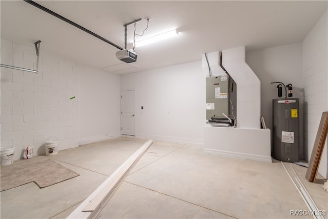 garage with electric water heater, a garage door opener, and heating unit