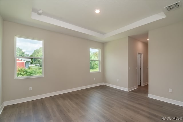 unfurnished room featuring plenty of natural light, dark hardwood / wood-style flooring, and a tray ceiling